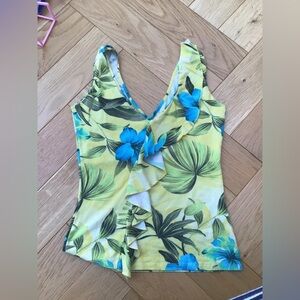 Floral V-Neck Ruffle Top - Yellow and Blue